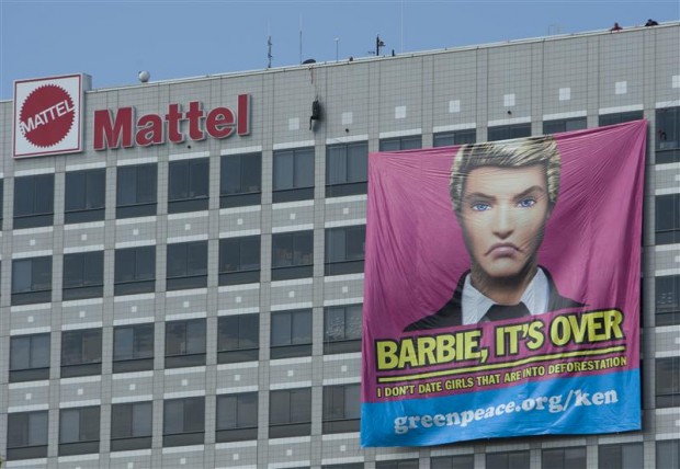 Ken dumps Barbie: banner on Mattel HQ