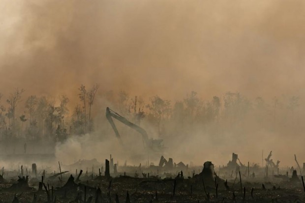 An excavator creates a canal in Riau Province, Indonesia, despite heavy smoke