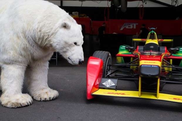 A polar bear giant life-like puppet stands next to a formula e car