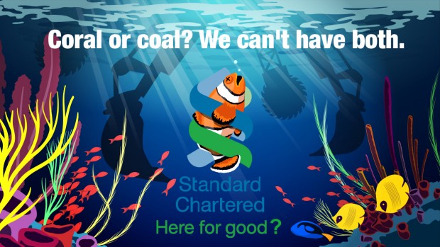 Standard Chartered logo with drowning clownfish. Background shows reef 