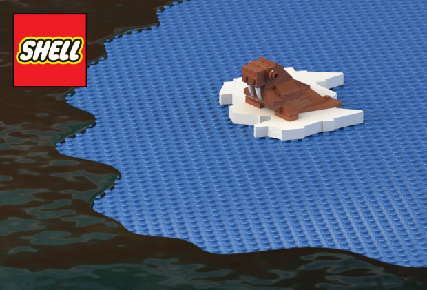 lego arctic scene with walrus and oil spill