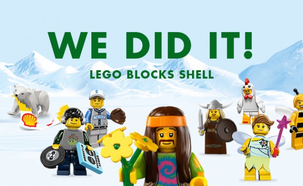LEGO characters celebrate Lego dumping Shell