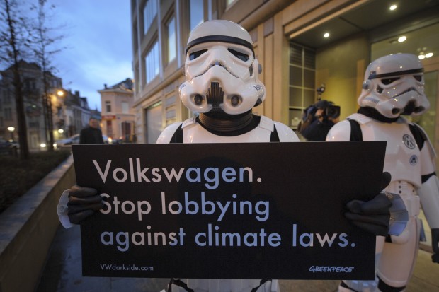 Stormtrooper outside Acea car lobby meeting in Brussels