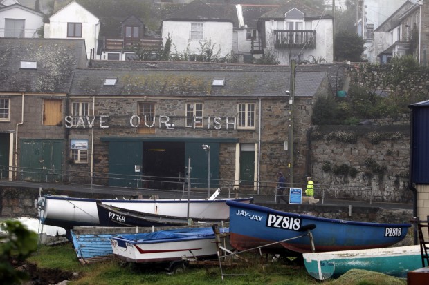 'Save our fish' sign in Newlyn harbour, Cornwall