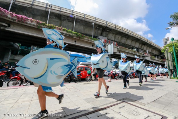 Greenpeace activists in tuna costumes run in Central Bangkok