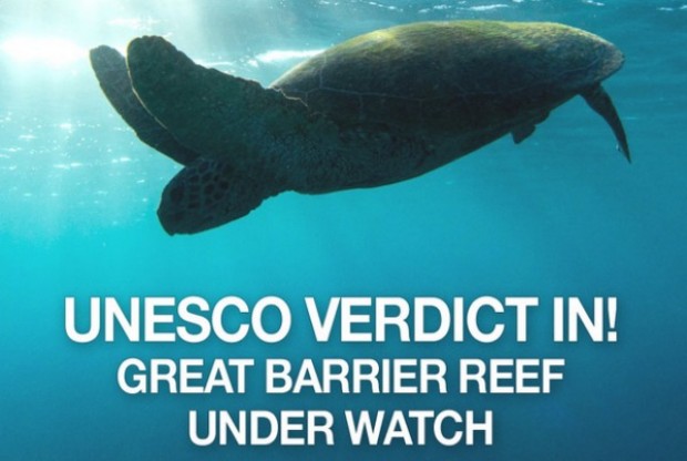 Turtle swimming in reef with text: UNESCO verdict in