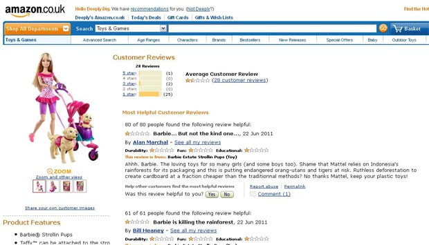 Barbie deforestation reviews on Amazon