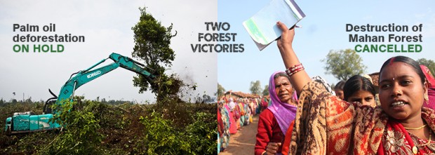 double of image of women protesters in Mahan and mechanical forest destruction