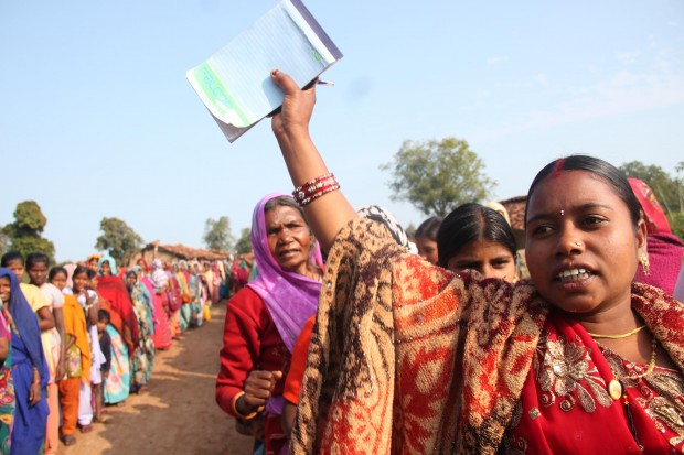 Local people from Mahan, India, protest against a proposed coal mine.