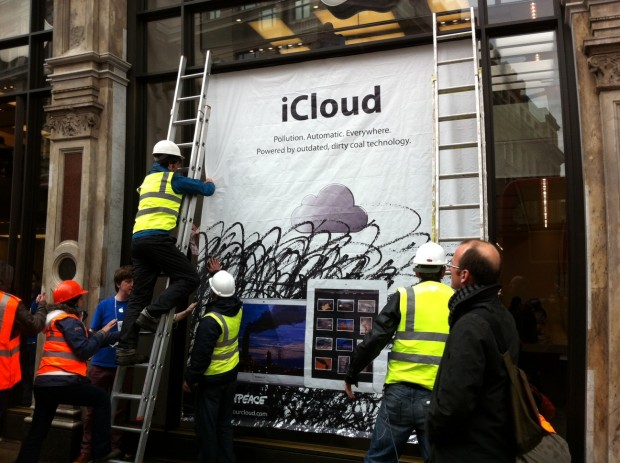 'Clean our cloud' poster in the window of Apple's London store