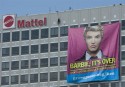 Ken dumps Barbie: banner on Mattel HQ