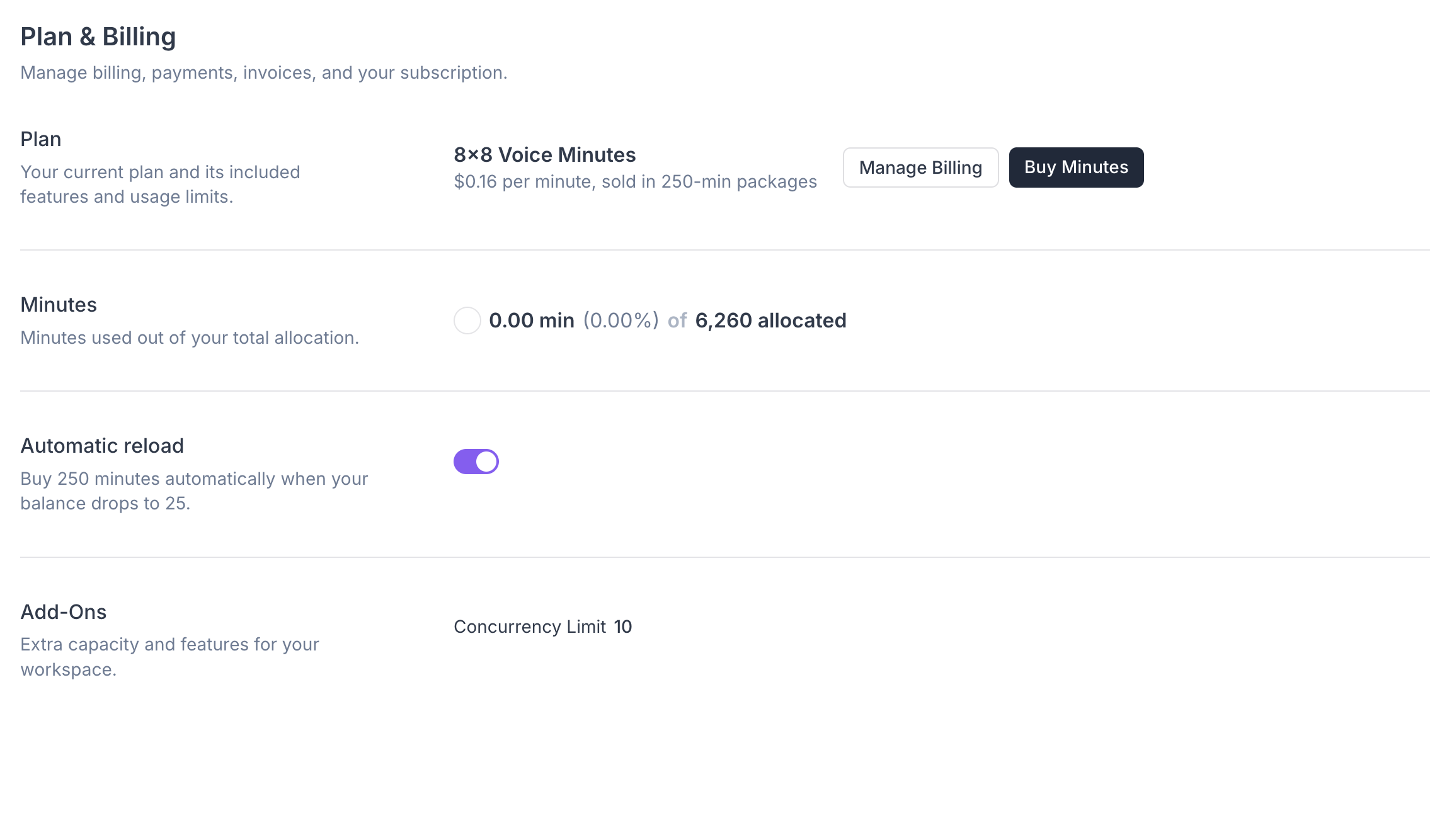 Billing page showing the minutes balance, minute purchases, and invoices