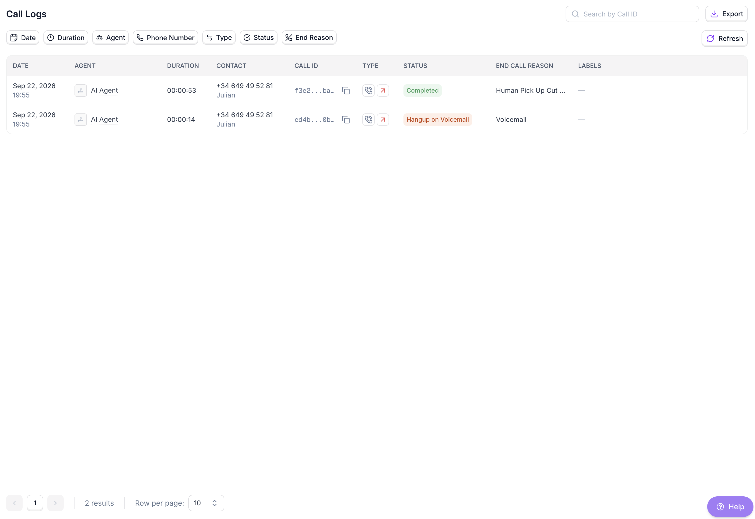 Call Logs page listing recent calls with their date, duration, and status