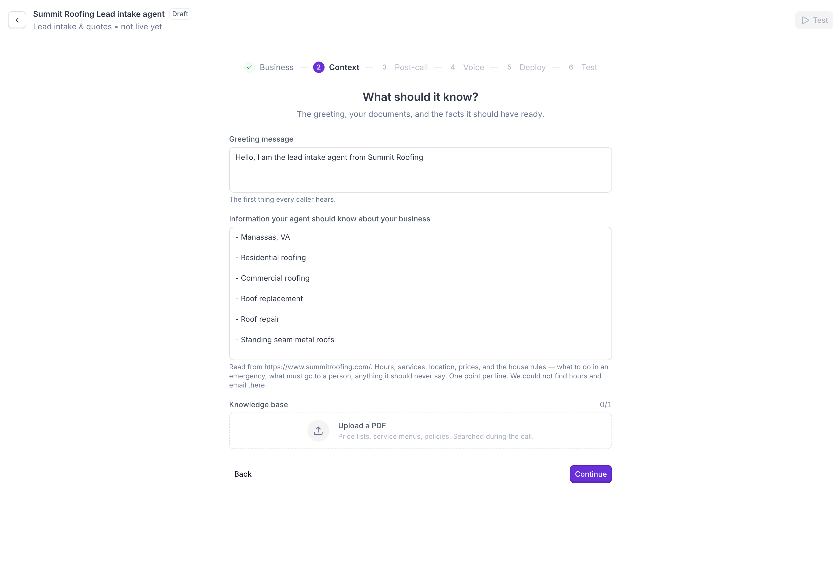 Context step: greeting message, business information, and knowledge base