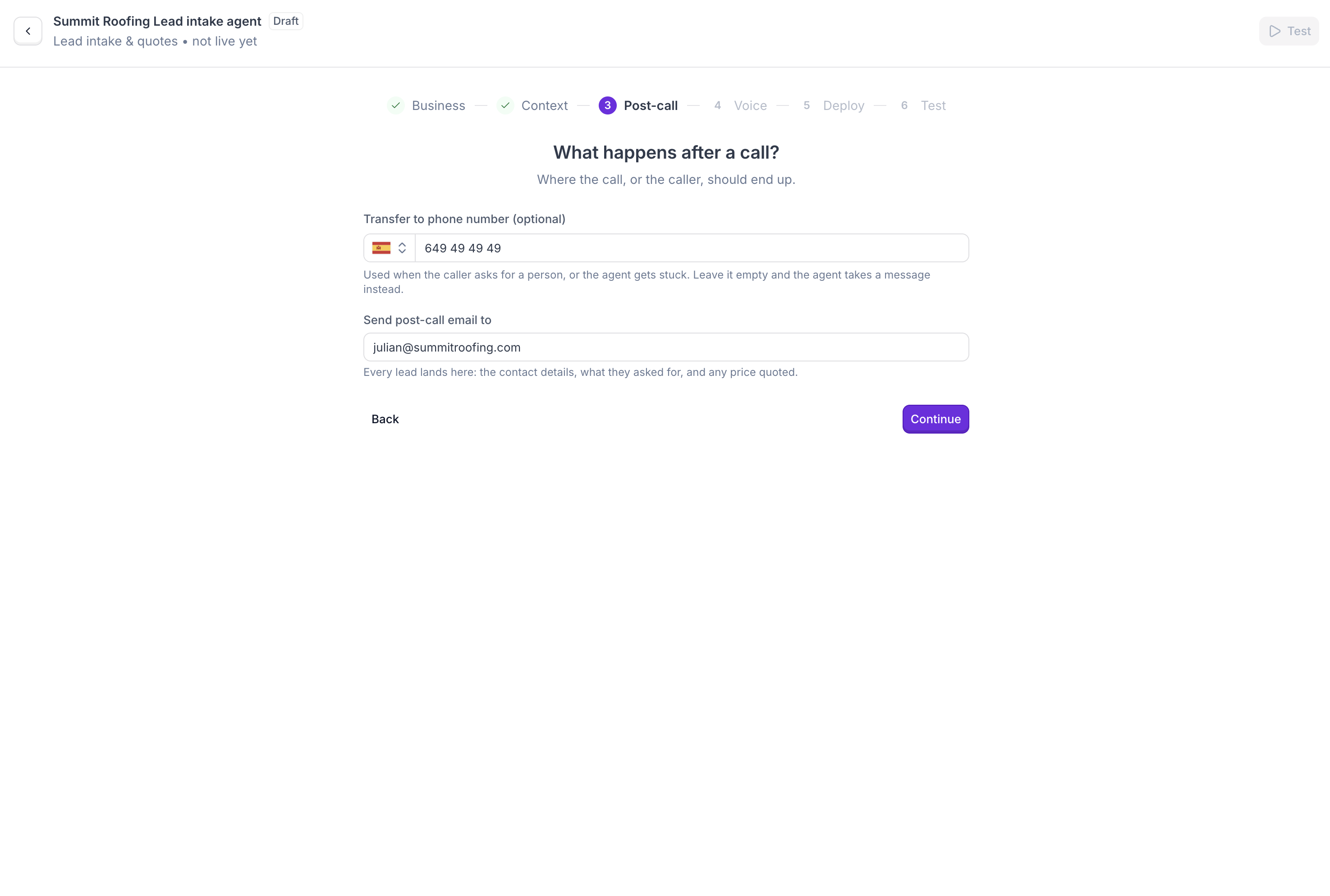 Post-call step: transfer number and post-call email address