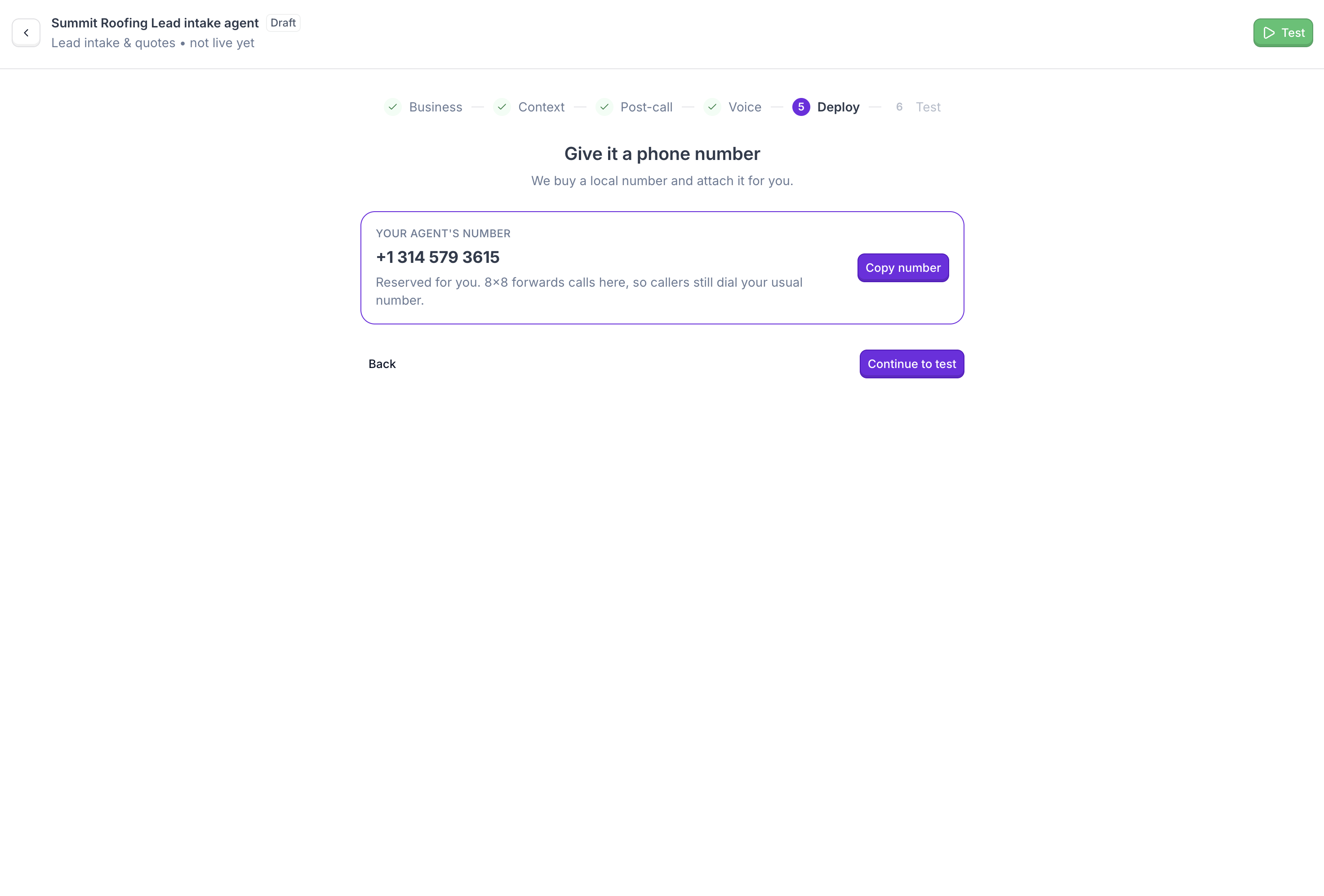 Deploy step: your agent's phone number