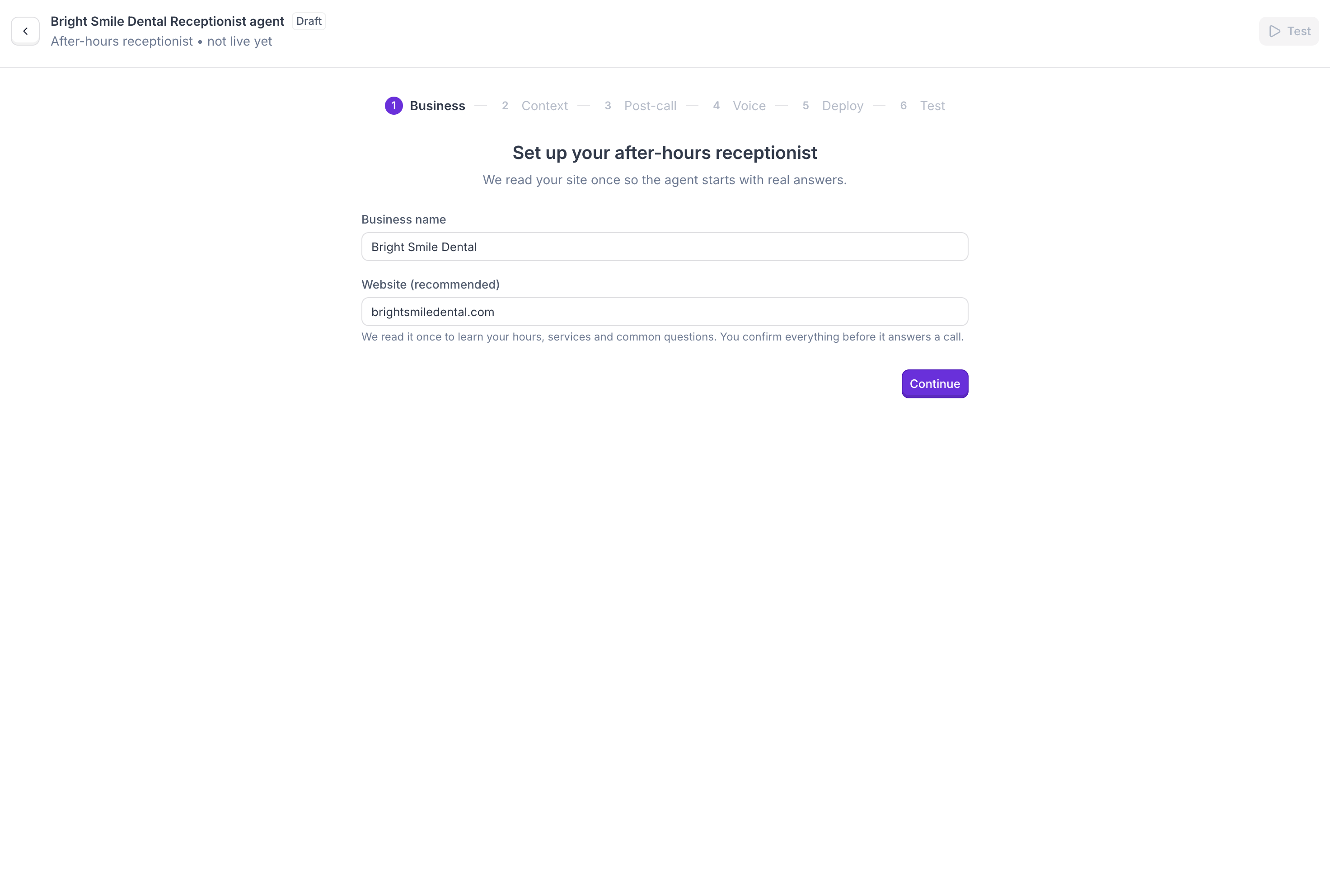 Business step: business name and website