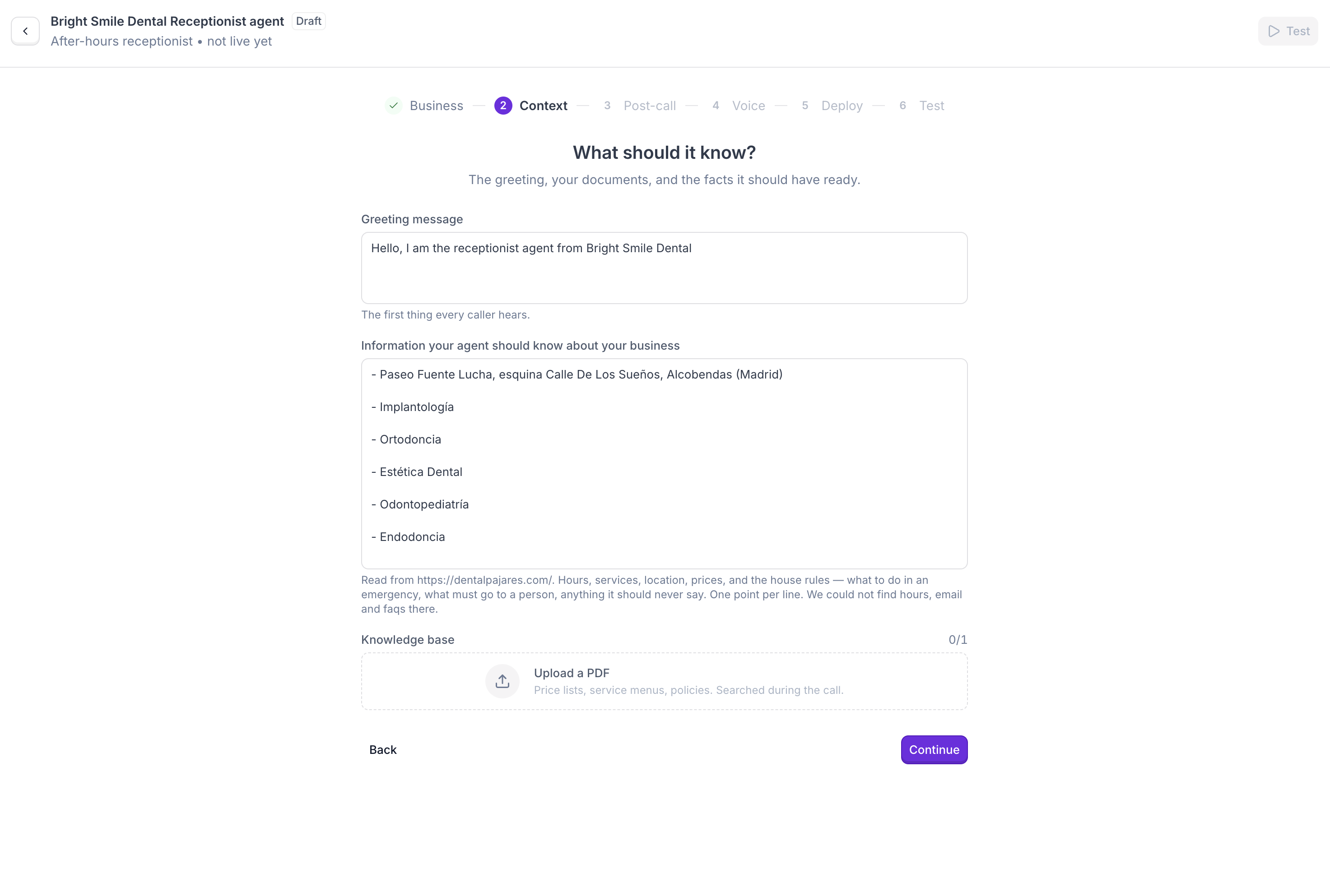 Context step: greeting message, business information, and knowledge base