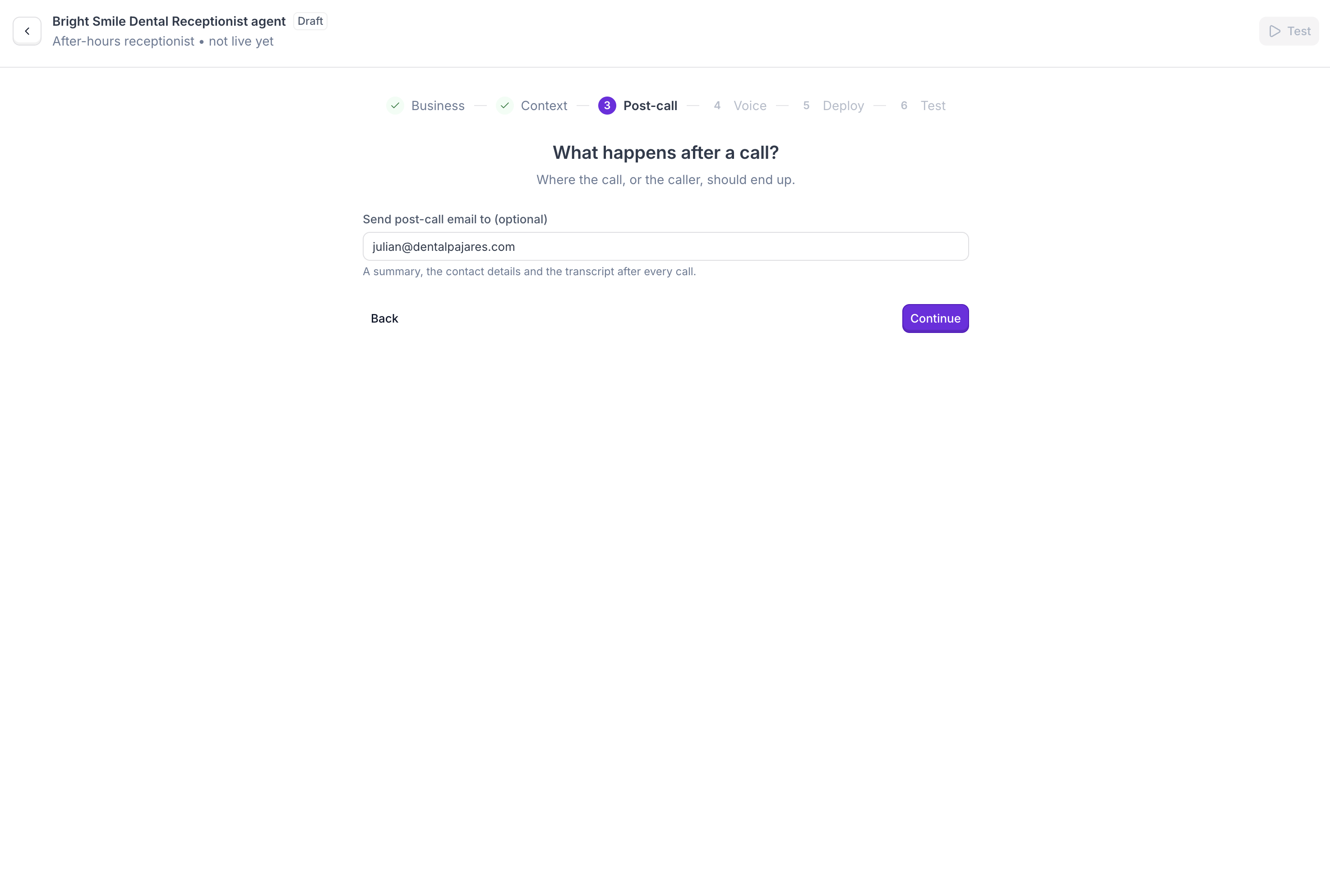 Post-call step: post-call email address