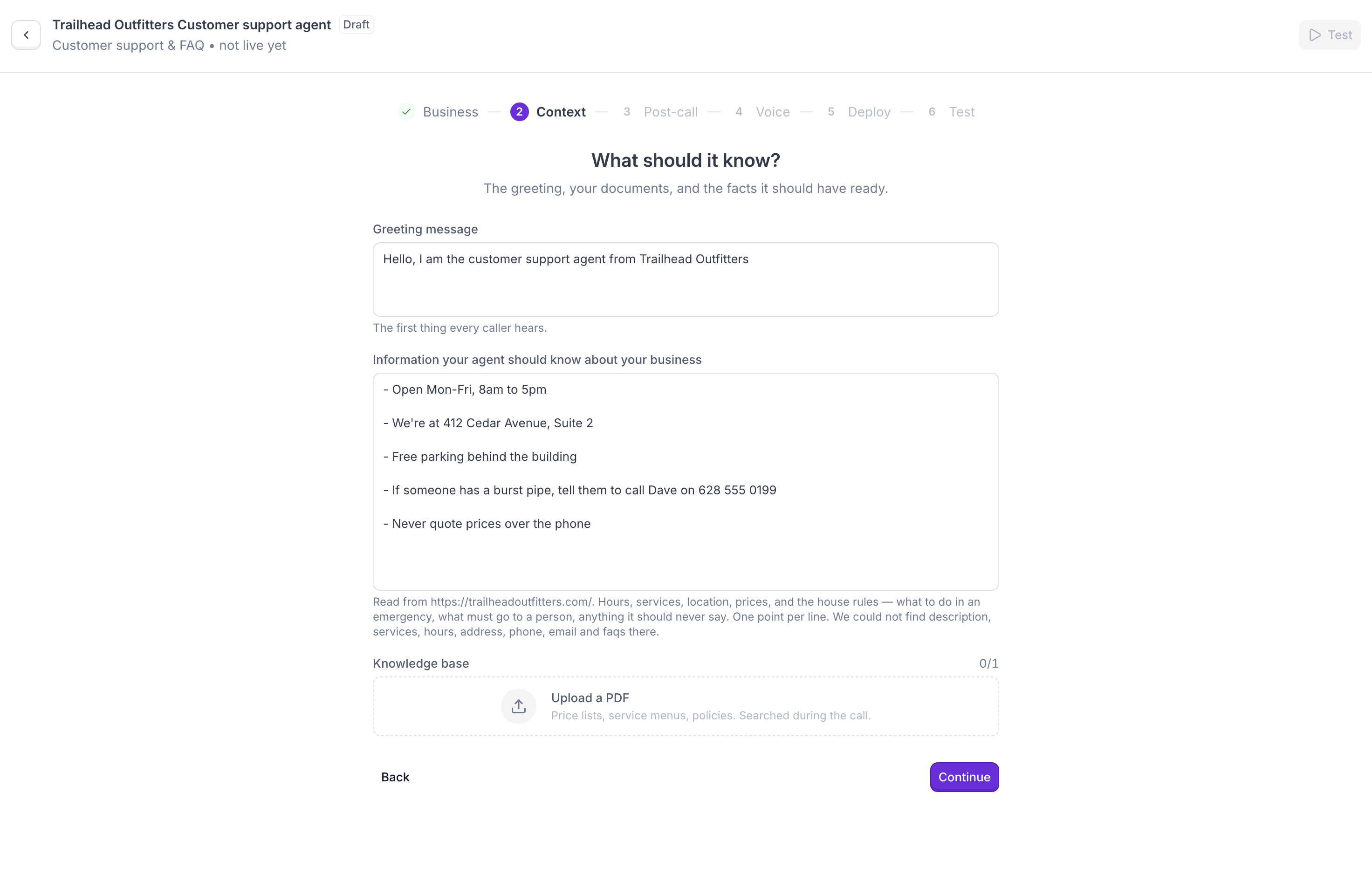 Context step: greeting message, business information, and knowledge base