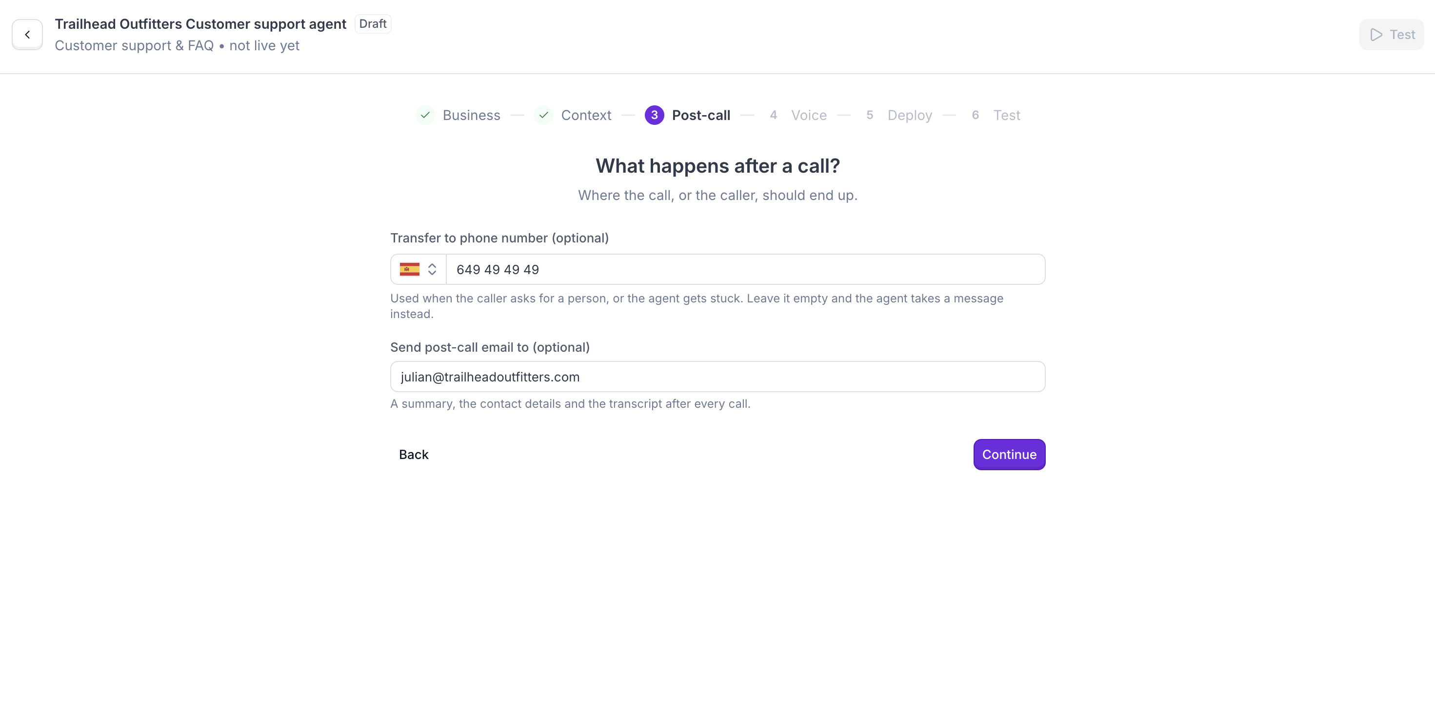 Post-call step: transfer number and post-call email address
