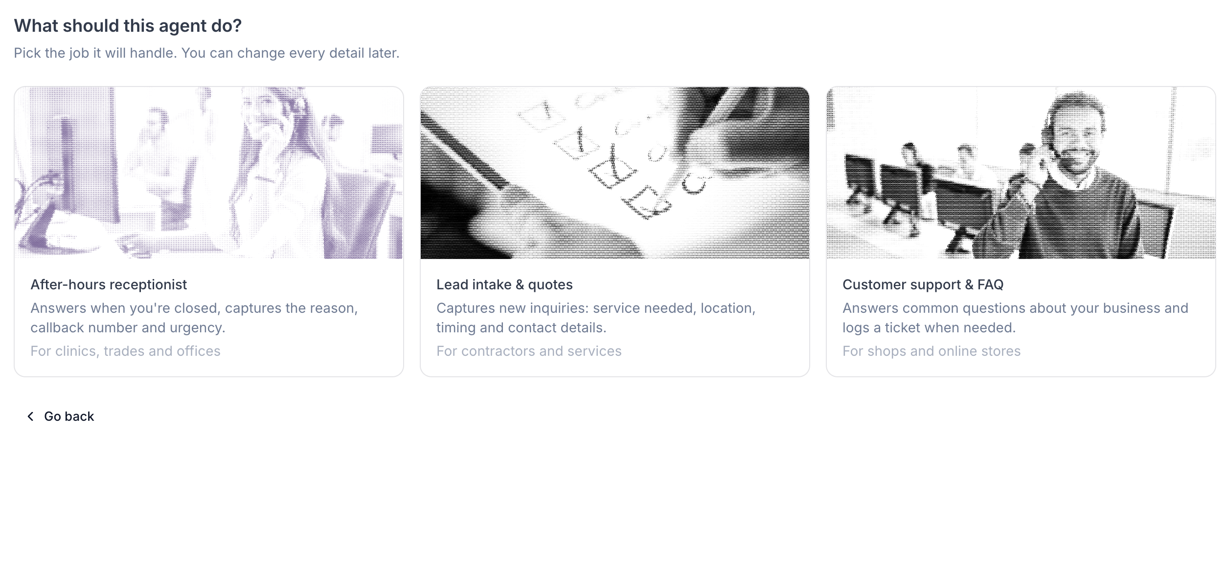 Template picker: after-hours receptionist, lead intake and quotes, and customer support and FAQ