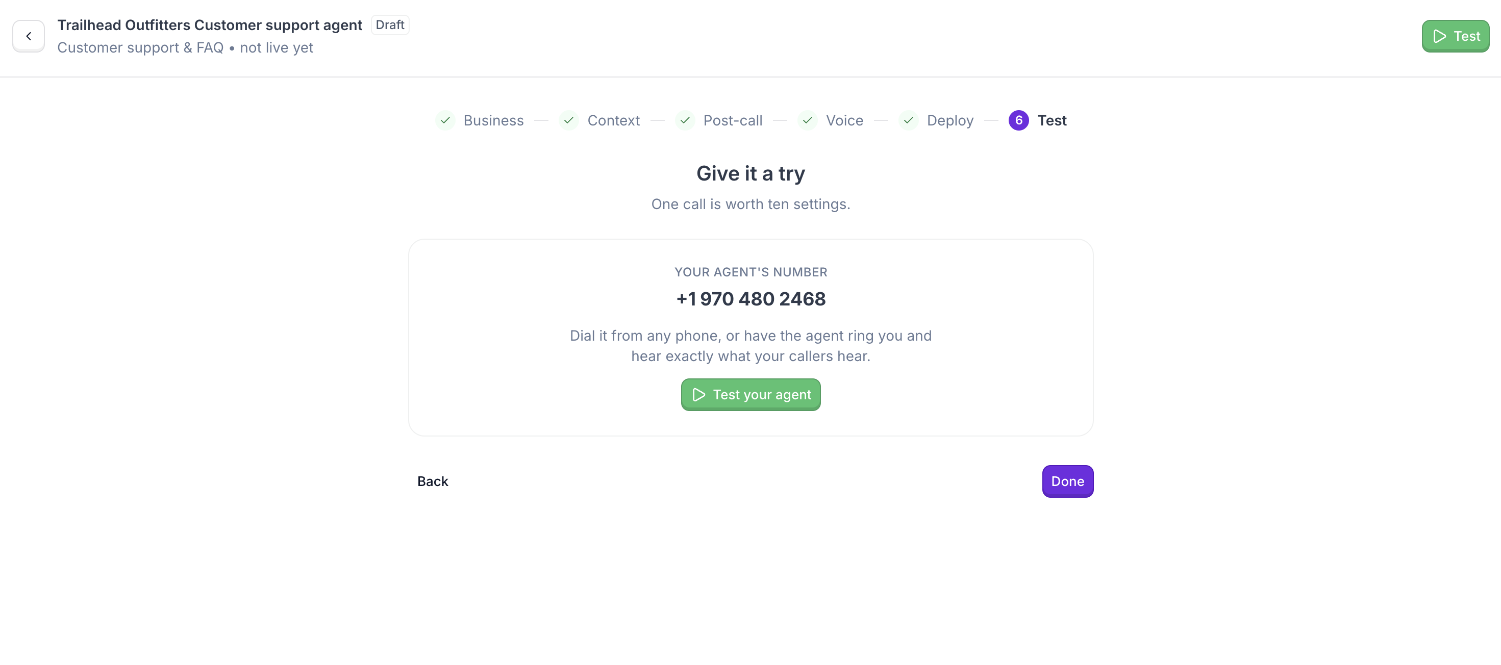 Test step: your agent's number and the Test your agent button
