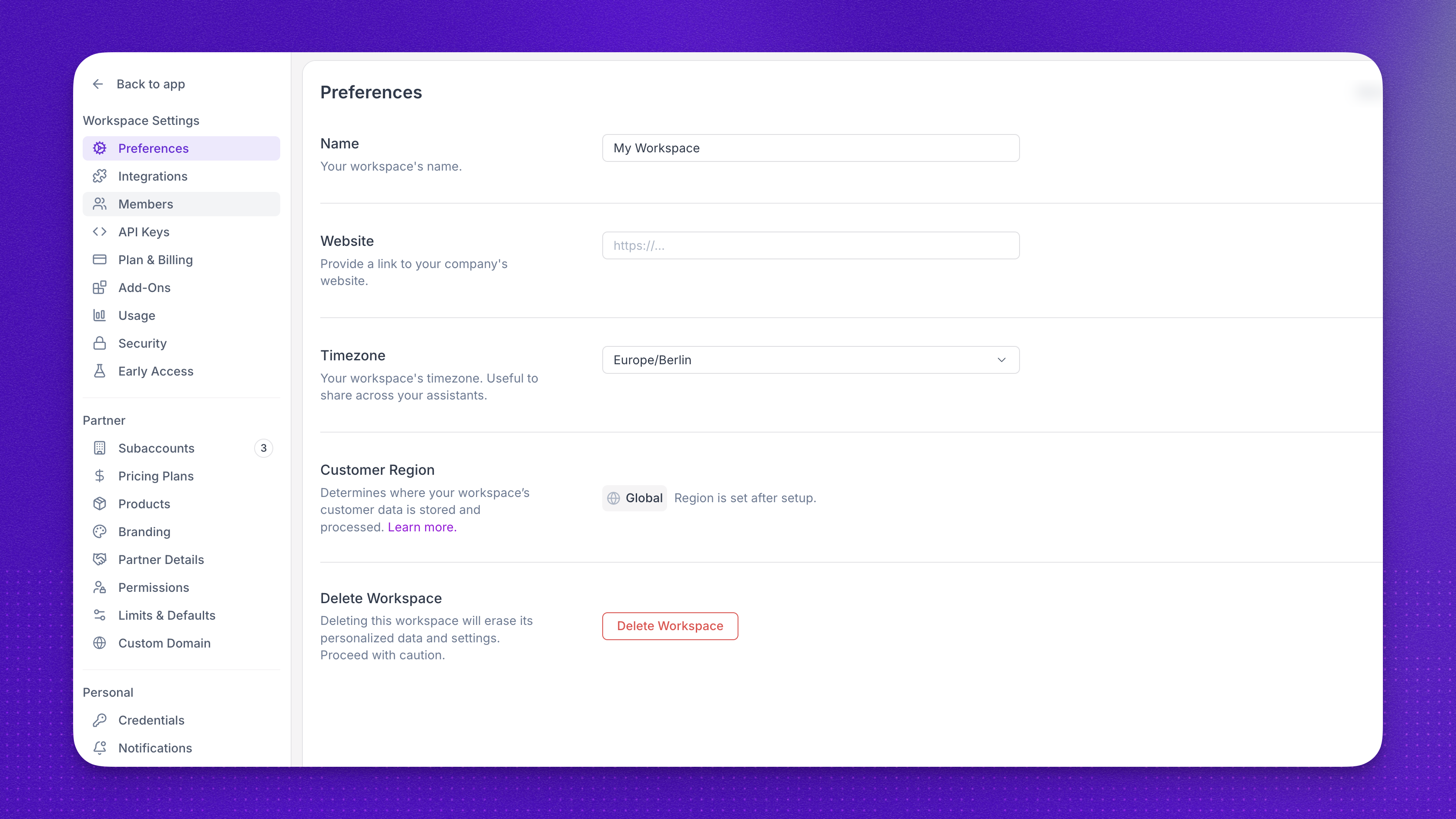 Unified Admin sidebar with Workspace Settings, Partner, and Personal sections