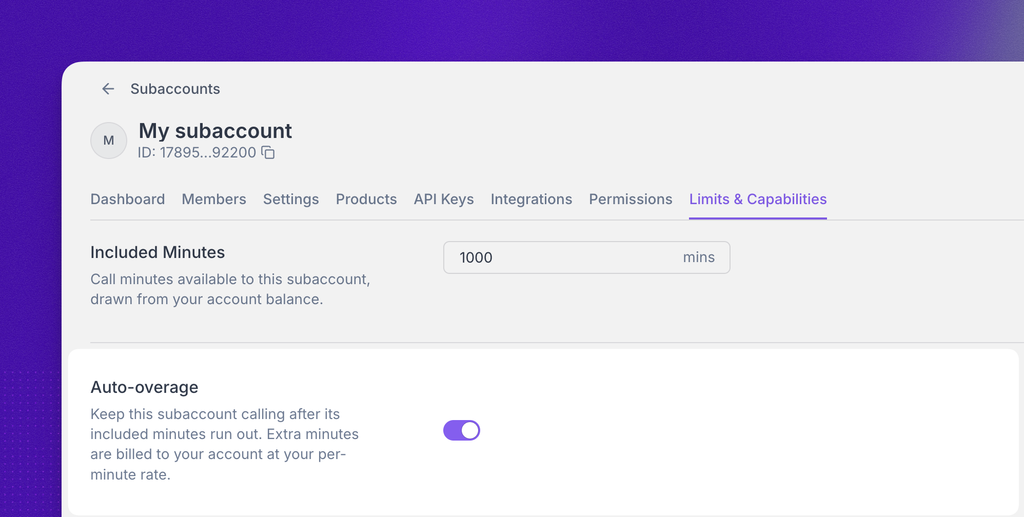 Auto-overage toggle on a subaccount's Limits & Capabilities tab