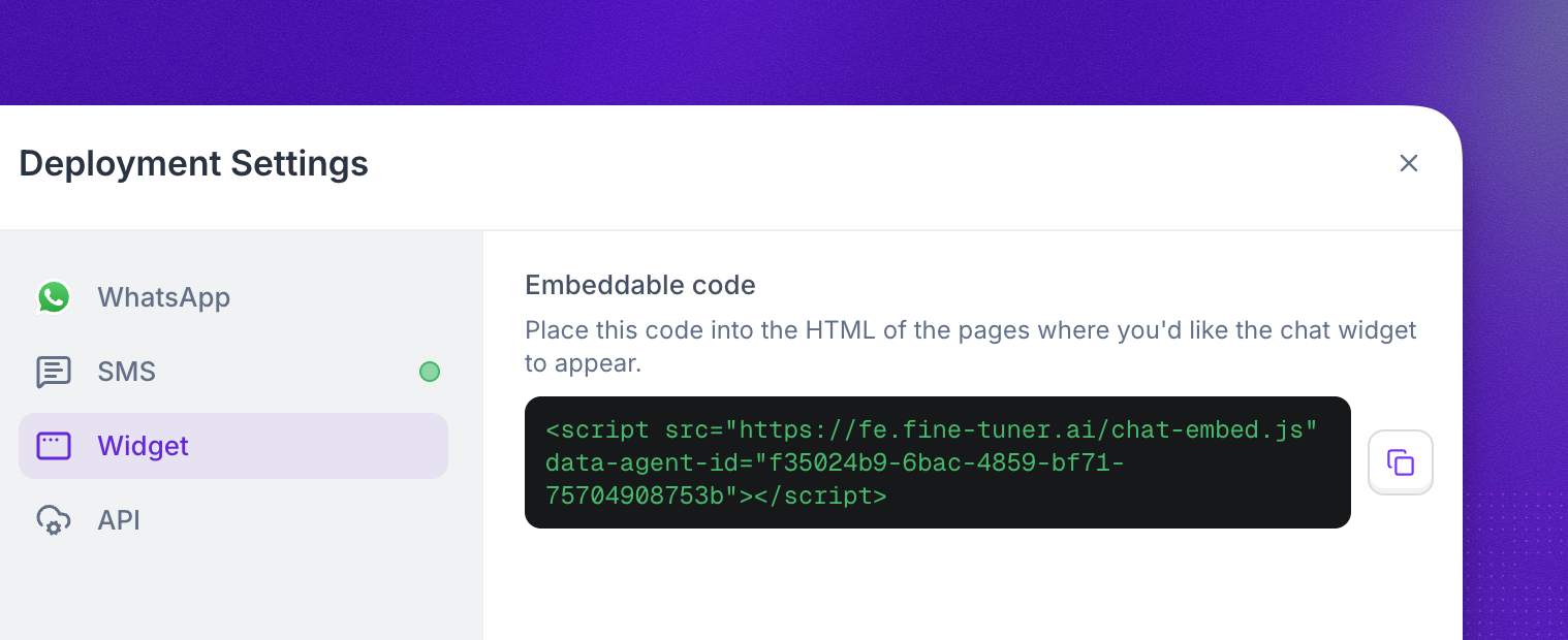 Deployment Settings for a chat agent with WhatsApp, SMS, Widget, and API channels, showing the widget's embeddable code