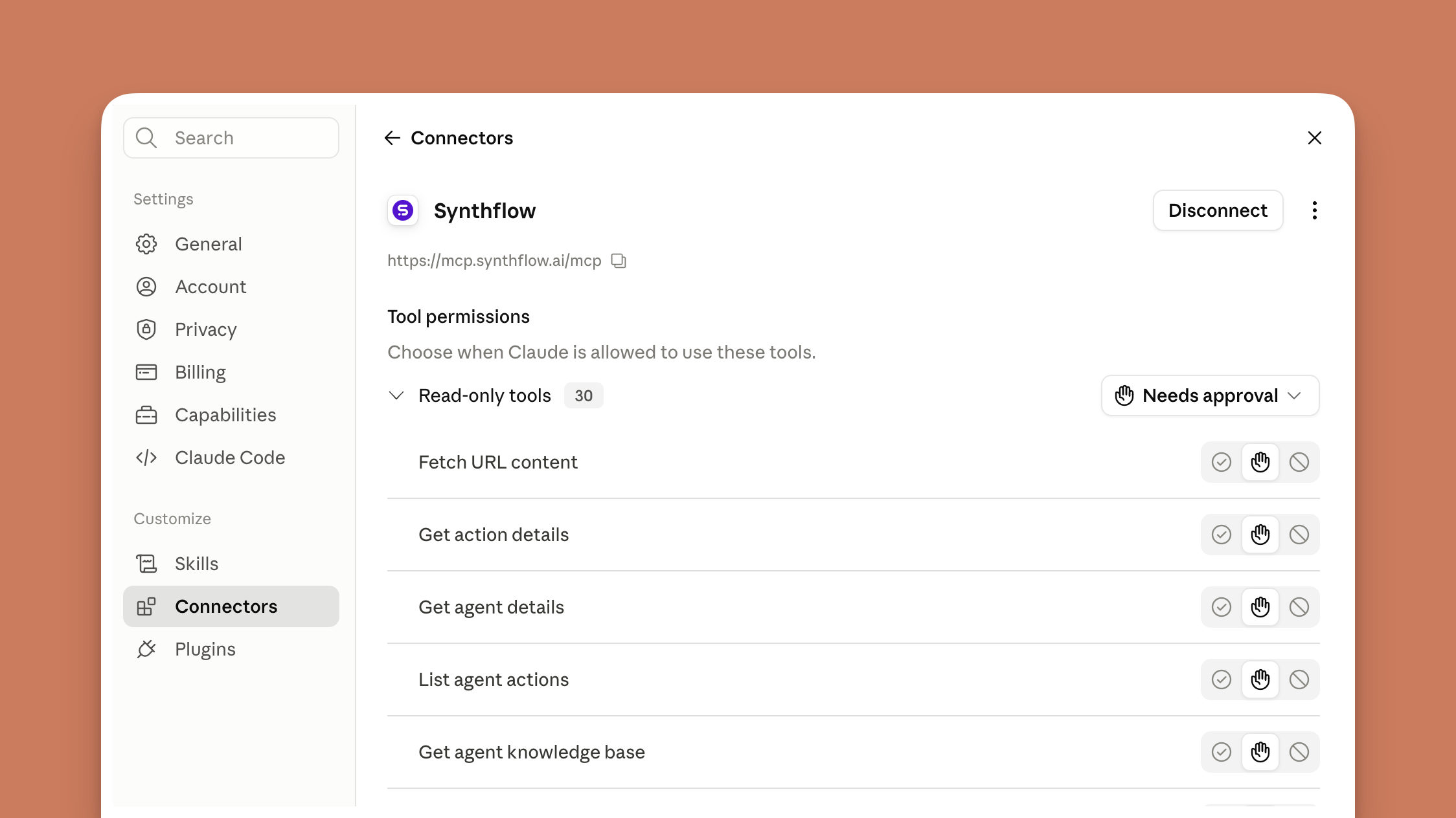 Synthflow tool permissions in the Claude connector