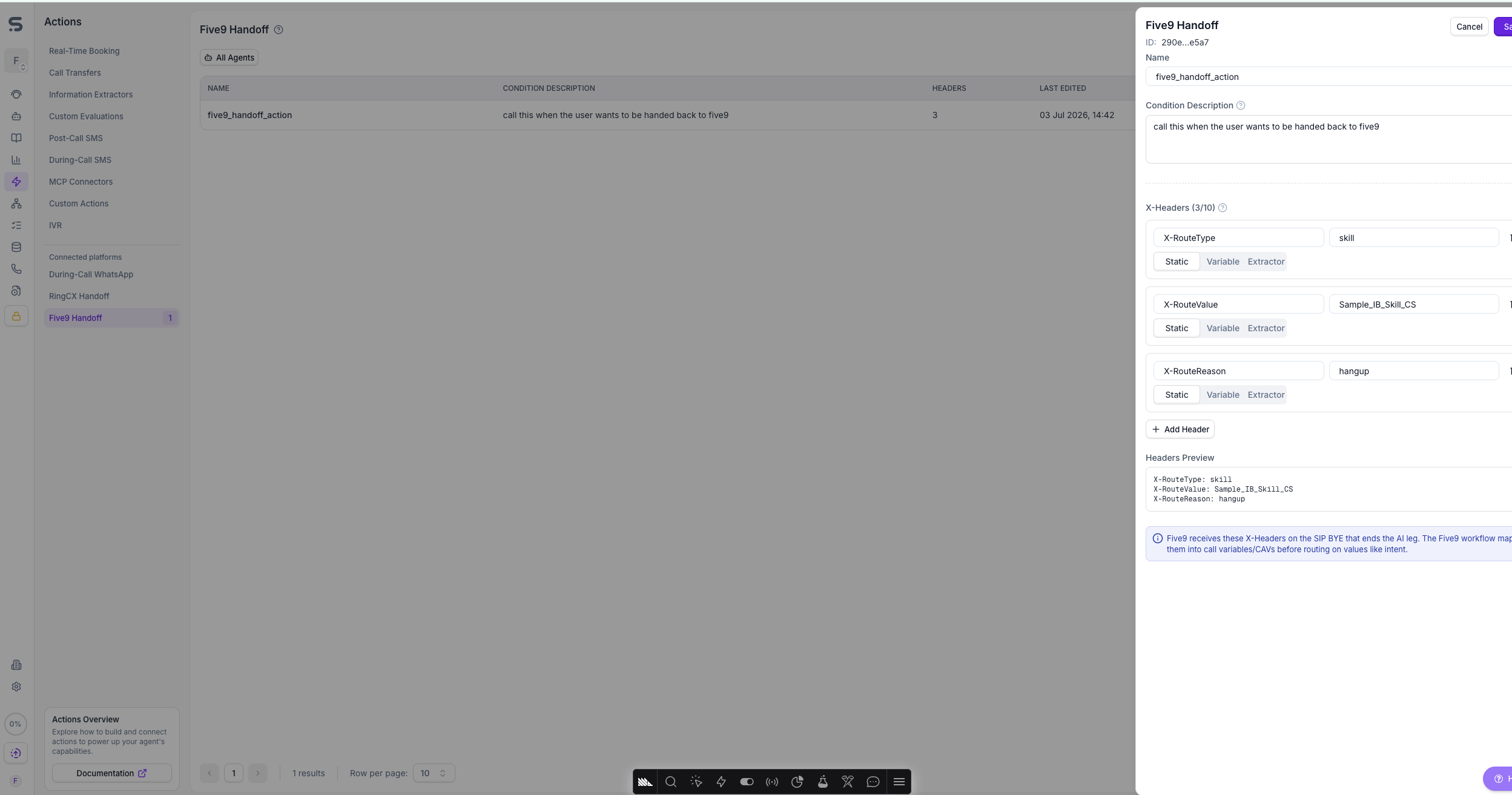Synthflow Five9 Handoff action configuration showing the condition description, the required X-RouteType, X-RouteValue, and X-RouteReason headers, and the headers preview