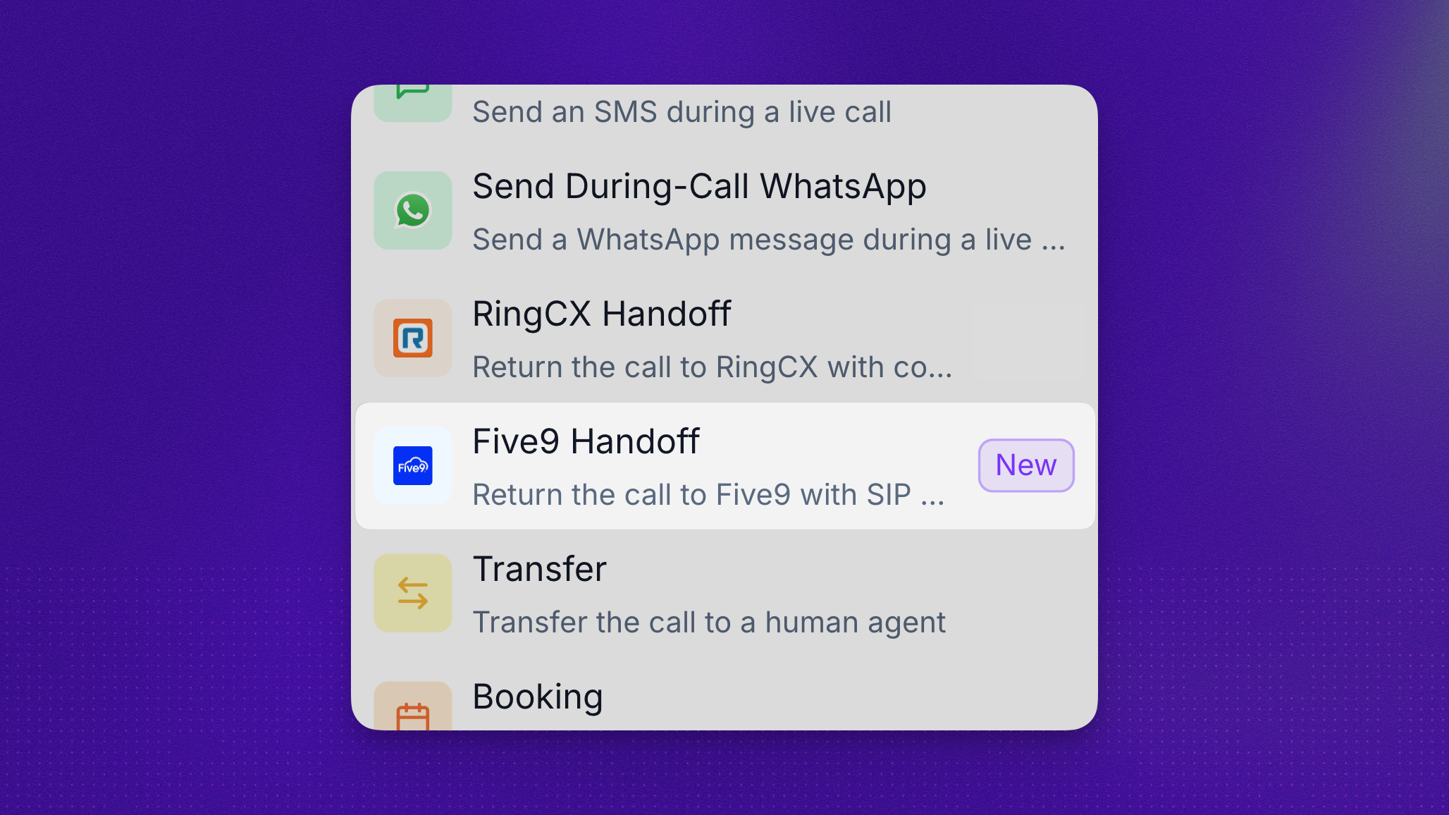 Five9 Handoff action configuration in Synthflow