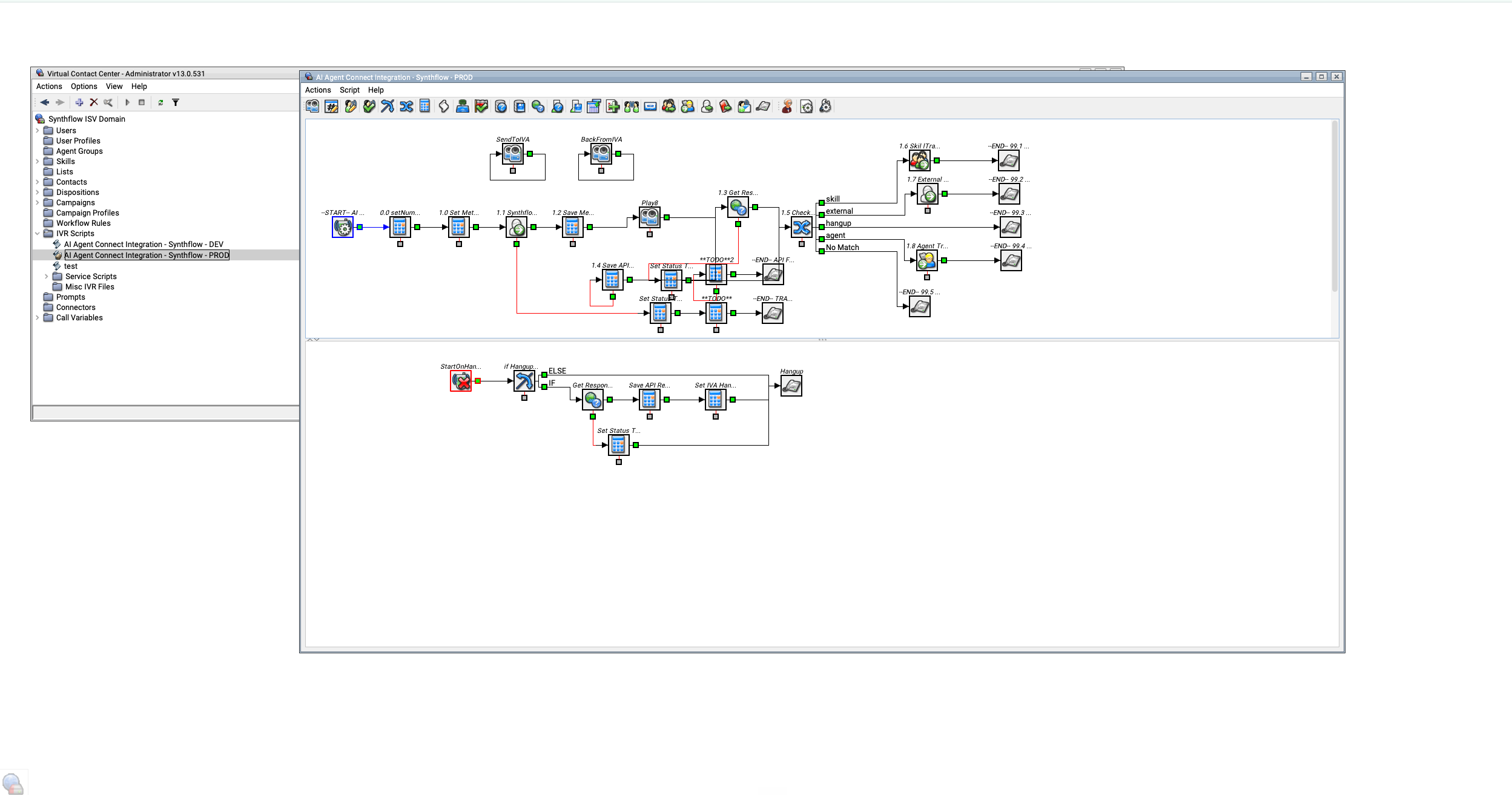 Five9 VCC Administrator showing the AI Agent Connect integration IVR script with the main flow and the StartOnHangup path