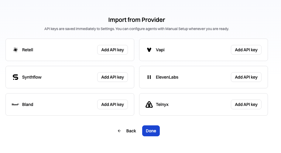 Hamming Import from Provider screen with a Synthflow card
