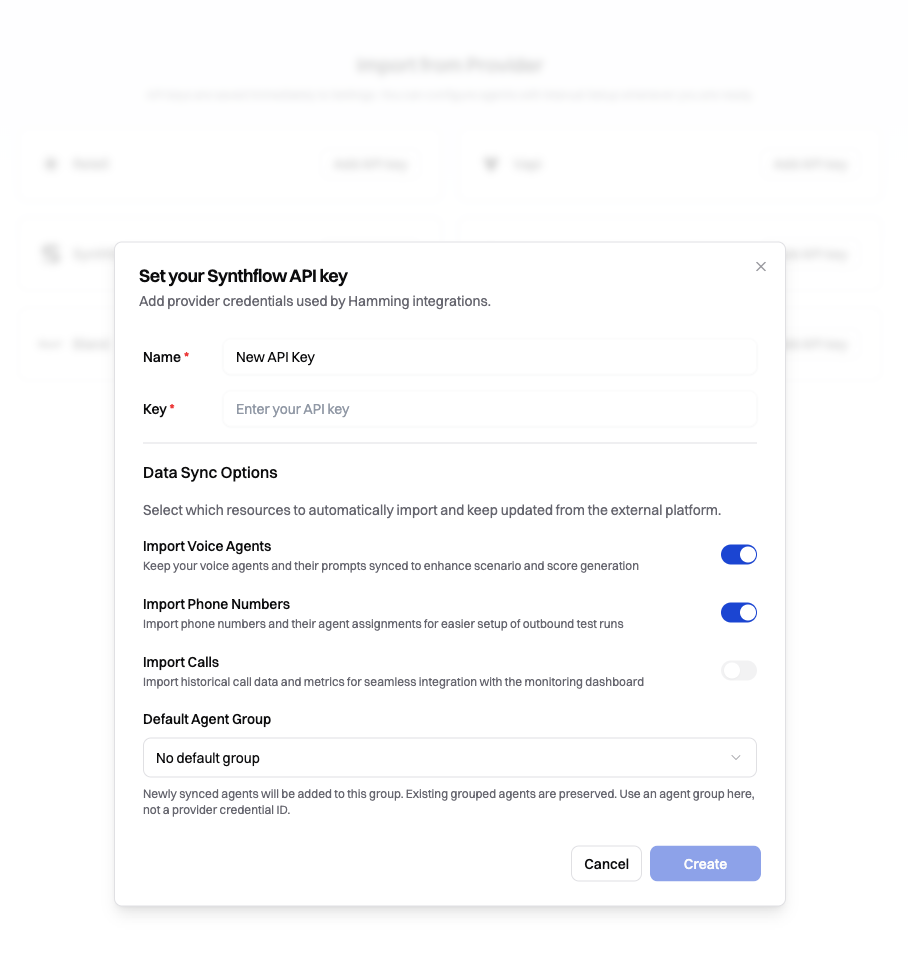 Set your Synthflow API key dialog in Hamming with data sync options