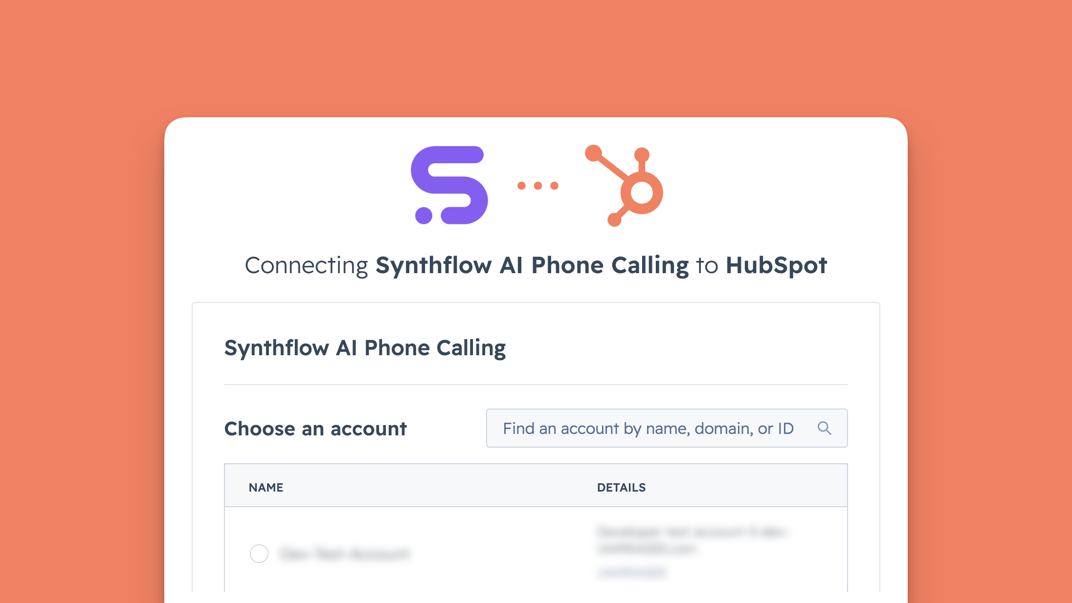 HubSpot connection in Synthflow integrations settings