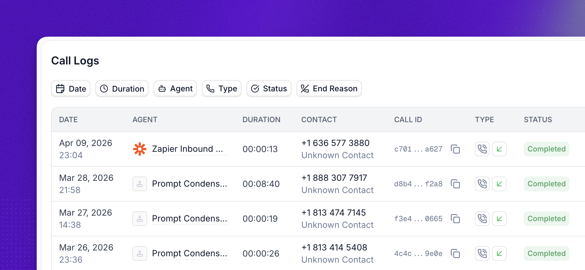 Call details drawer with overview, transcript, and actions