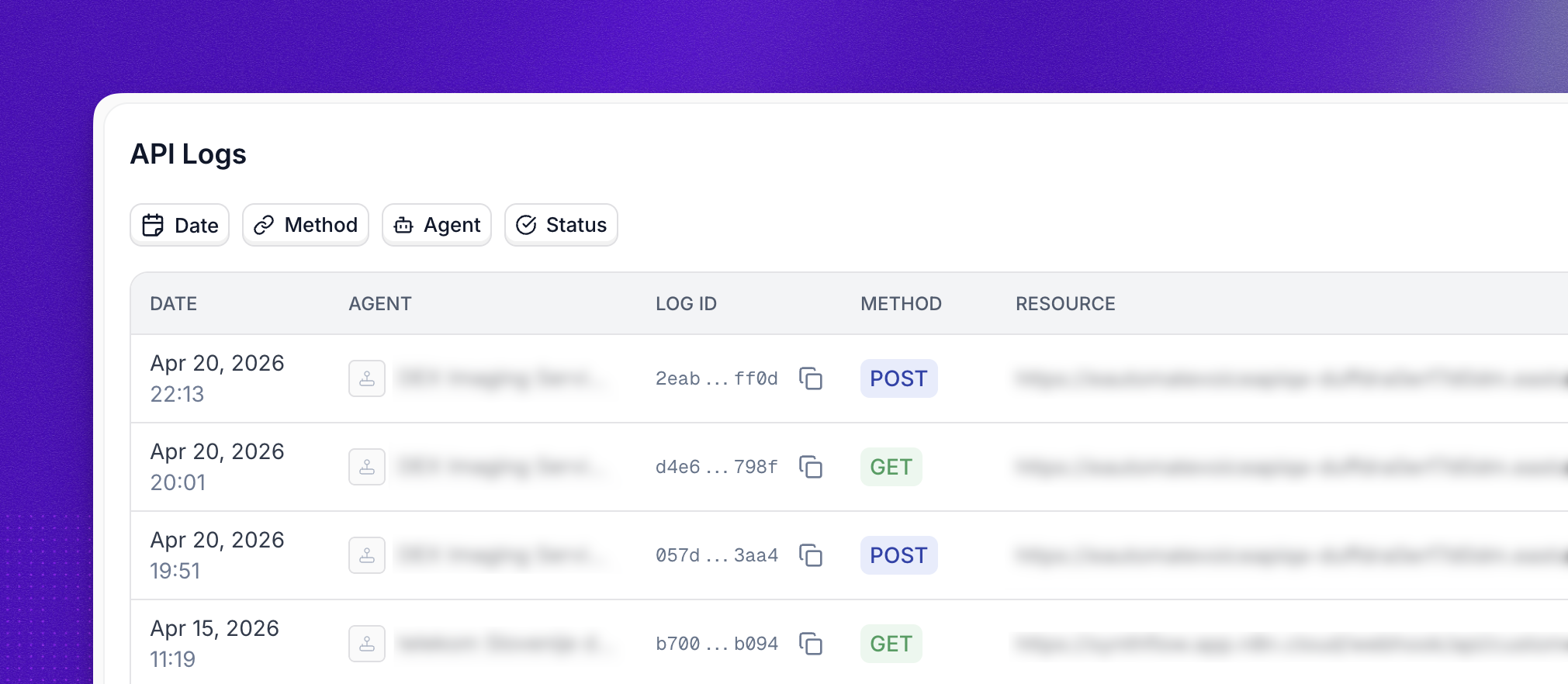 API logs table with method, status, and call ID columns