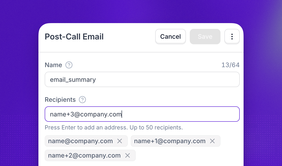 Post-Call Email action named email_summary with its list of recipient addresses