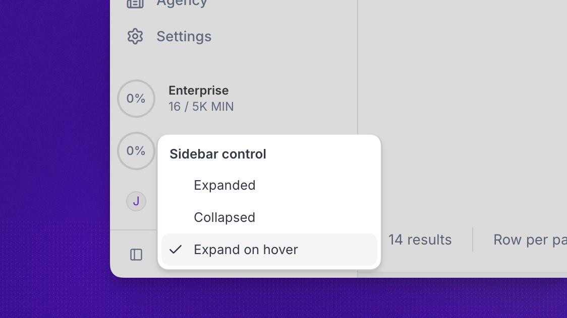 Sidebar control in the bottom left corner