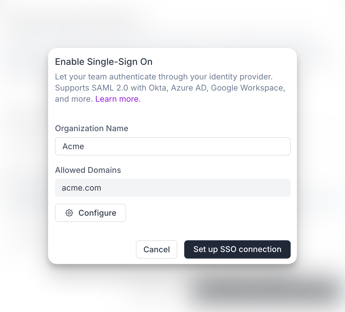 Enable SSO with organization name and allowed domain