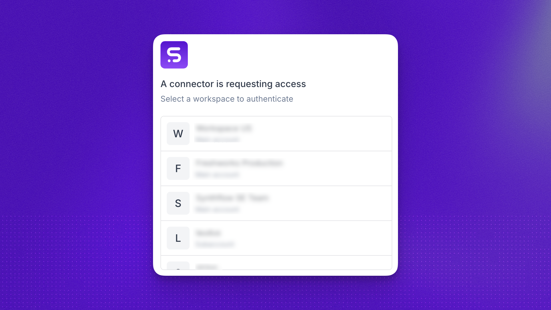 Selecting a Synthflow workspace during connection