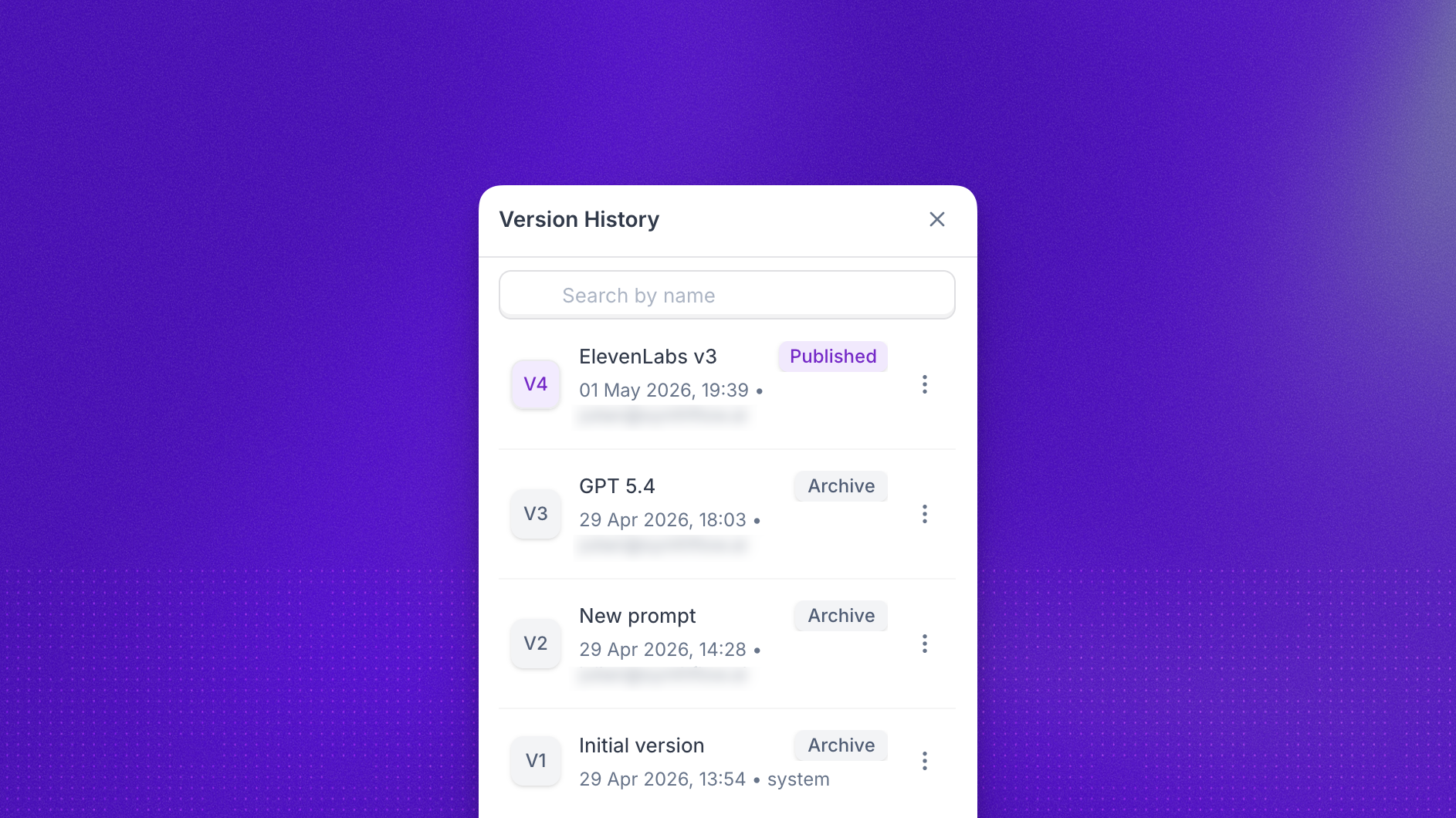 Version History panel listing four agent versions, with V4 (ElevenLabs v3) marked as Published and V3, V2, and V1 marked as Archive