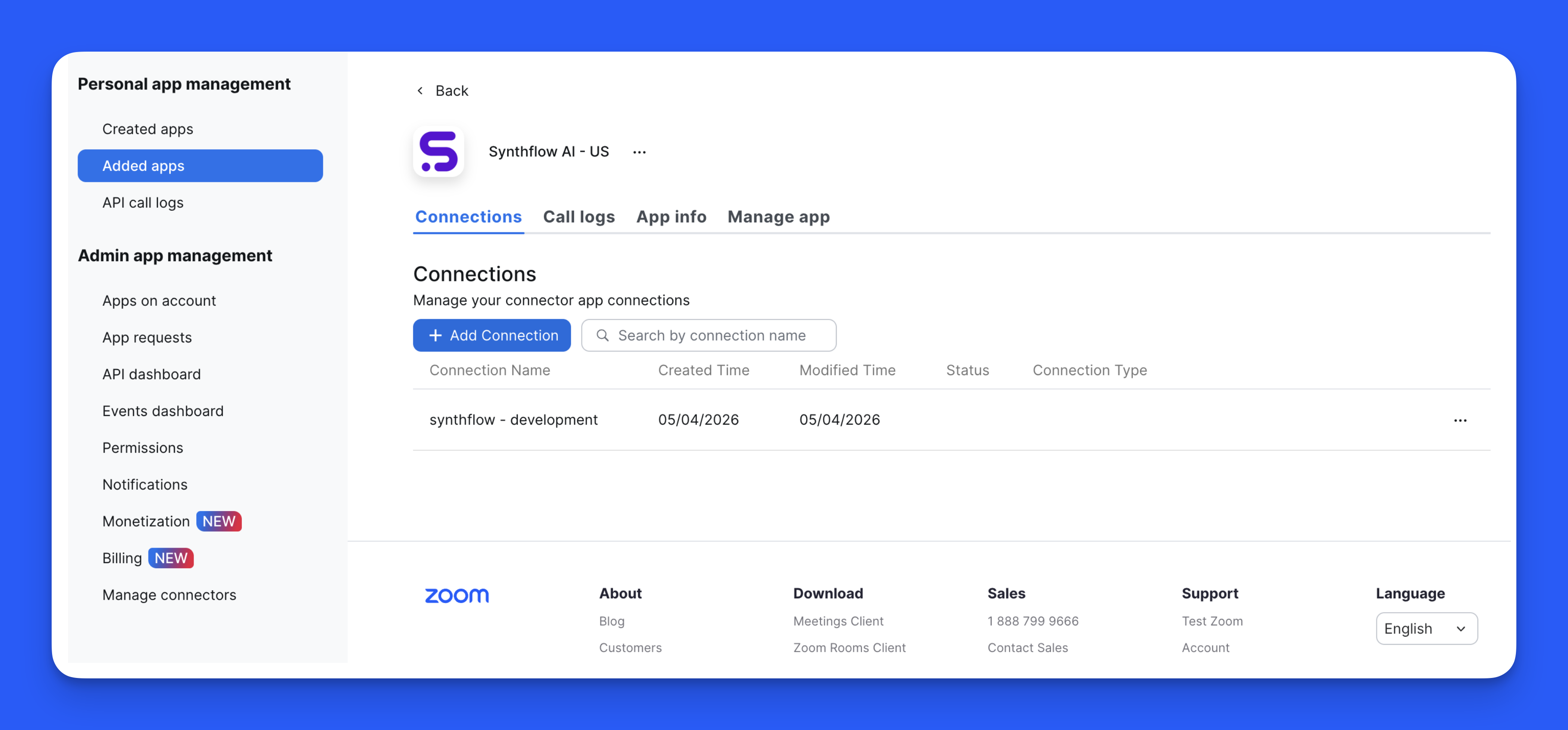 Synthflow AI app in the Zoom Marketplace showing the connections tab