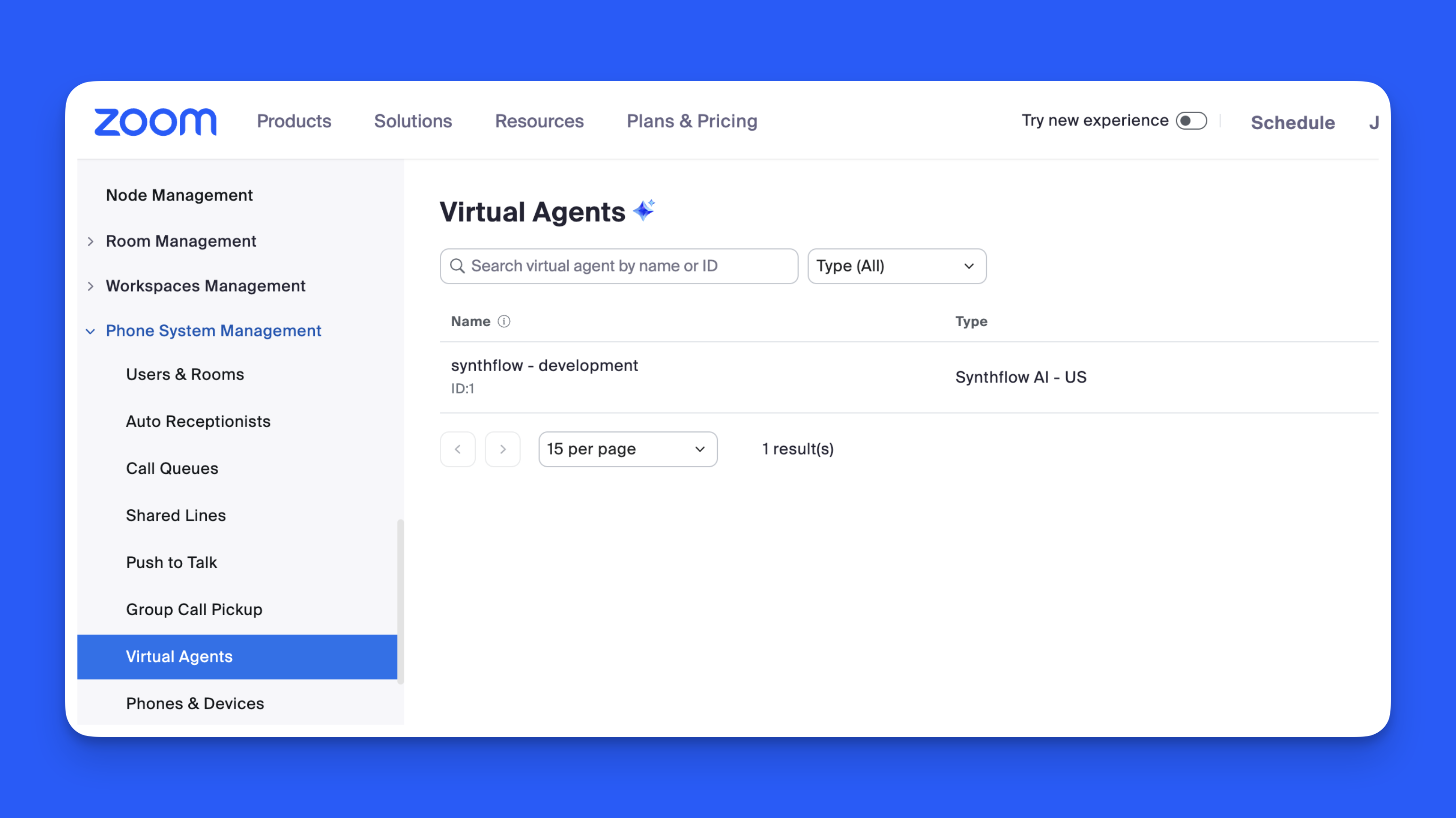 Zoom Virtual Agents page showing the Synthflow virtual agent