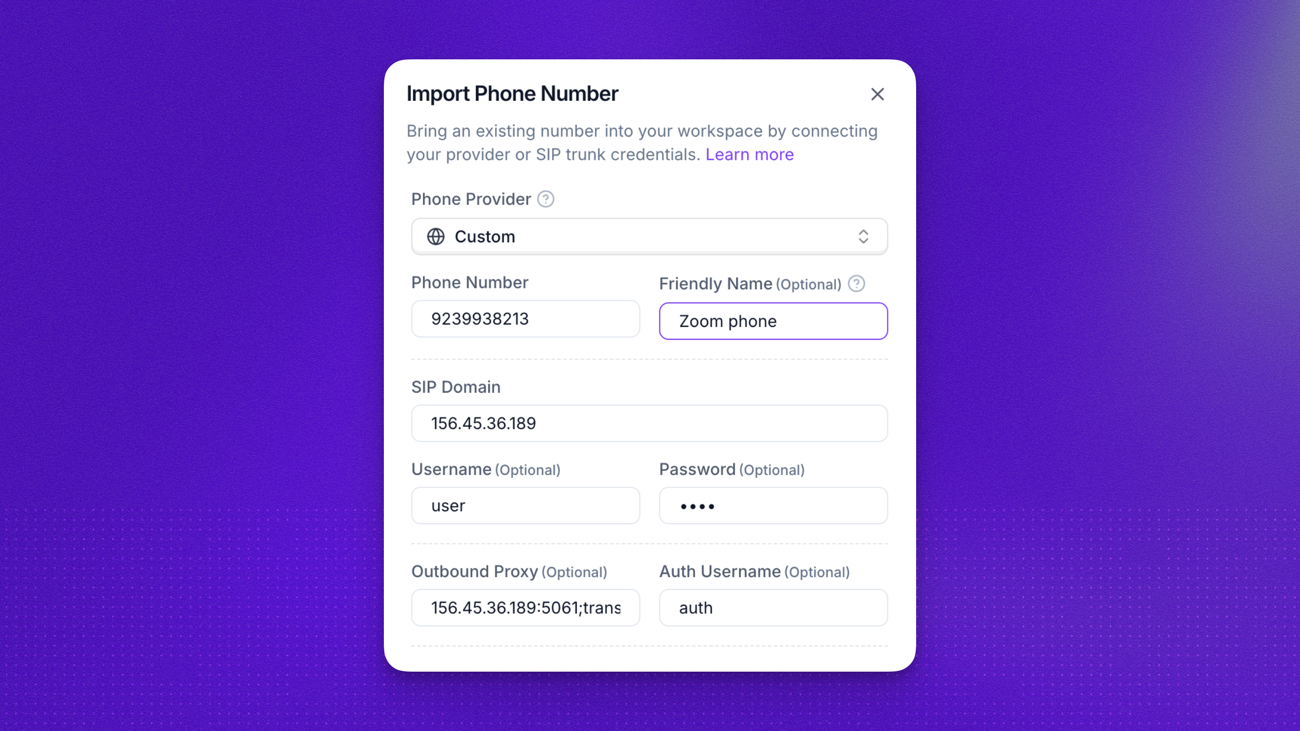 Synthflow Import Phone Number dialog with Zoom details