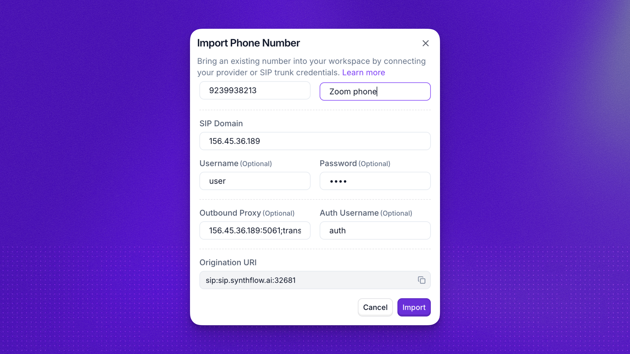 Synthflow Import Phone Number dialog showing the Origination URI