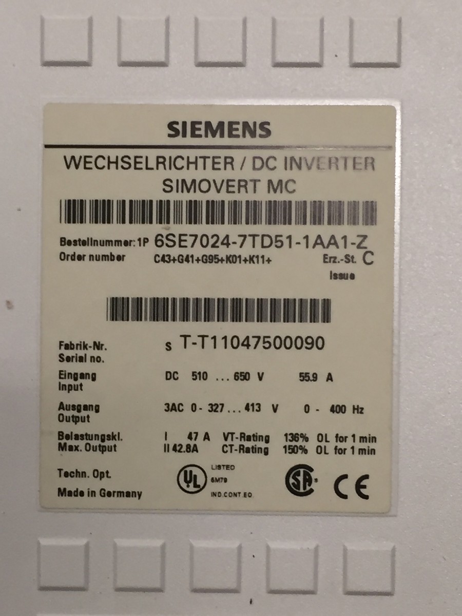 Gws Parts 6se7024 7td51 1aa1 Z C C43 G41 G95 K01 K11 07 9058 Siemens Dc Inverter Simovert Mc For Man Rotoman S