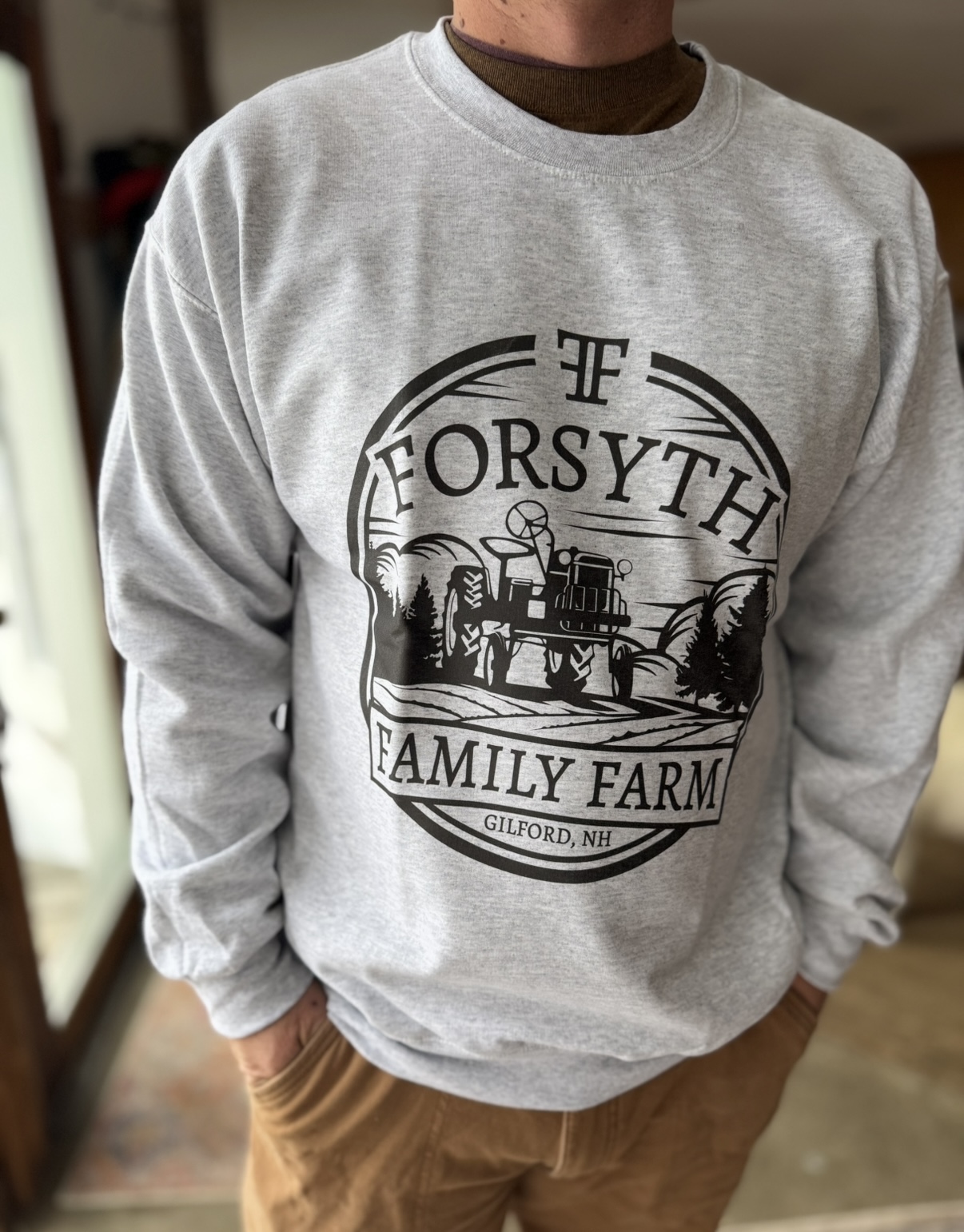 Large Forsyth Family Farm Crew Sweatshirt- Ash Gray